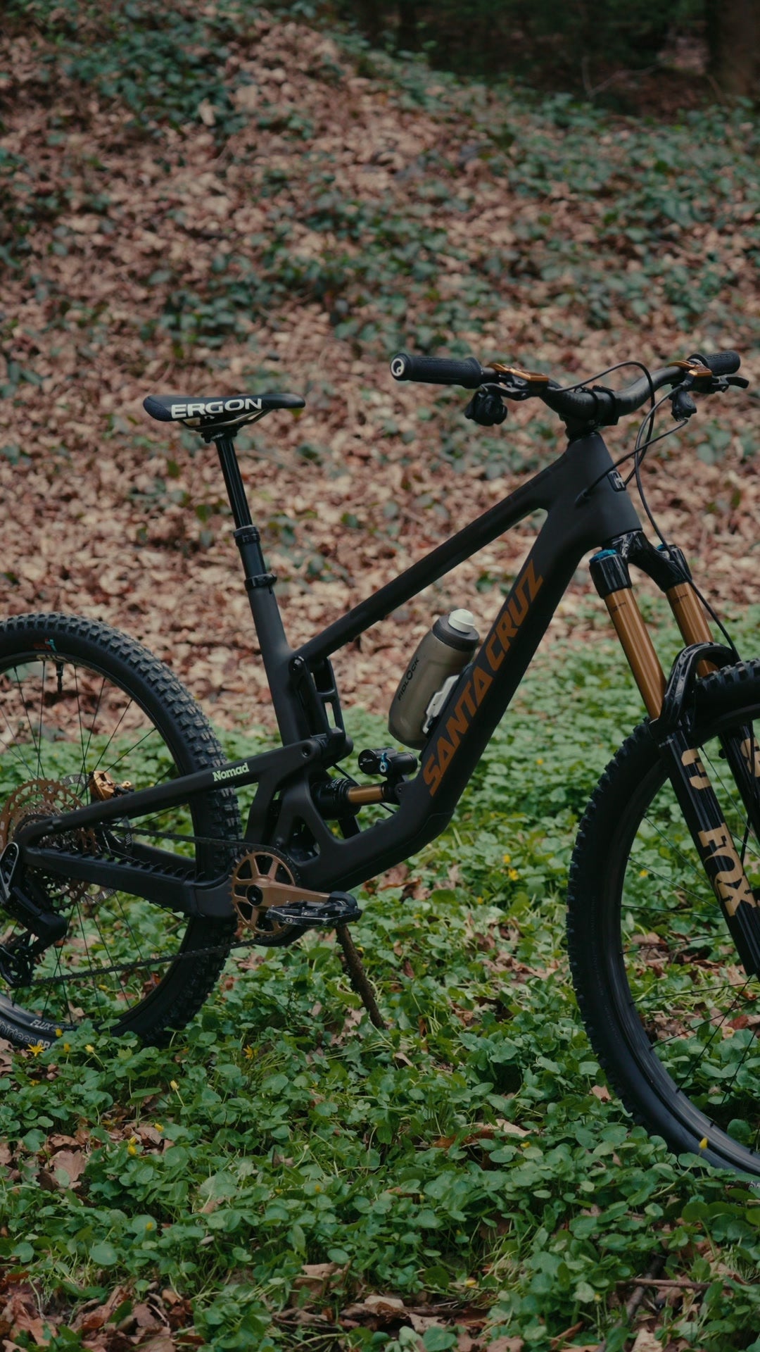 Jasper Jauch's Santa Cruz Nomad standing in a forest clearing, black frame with bronze components